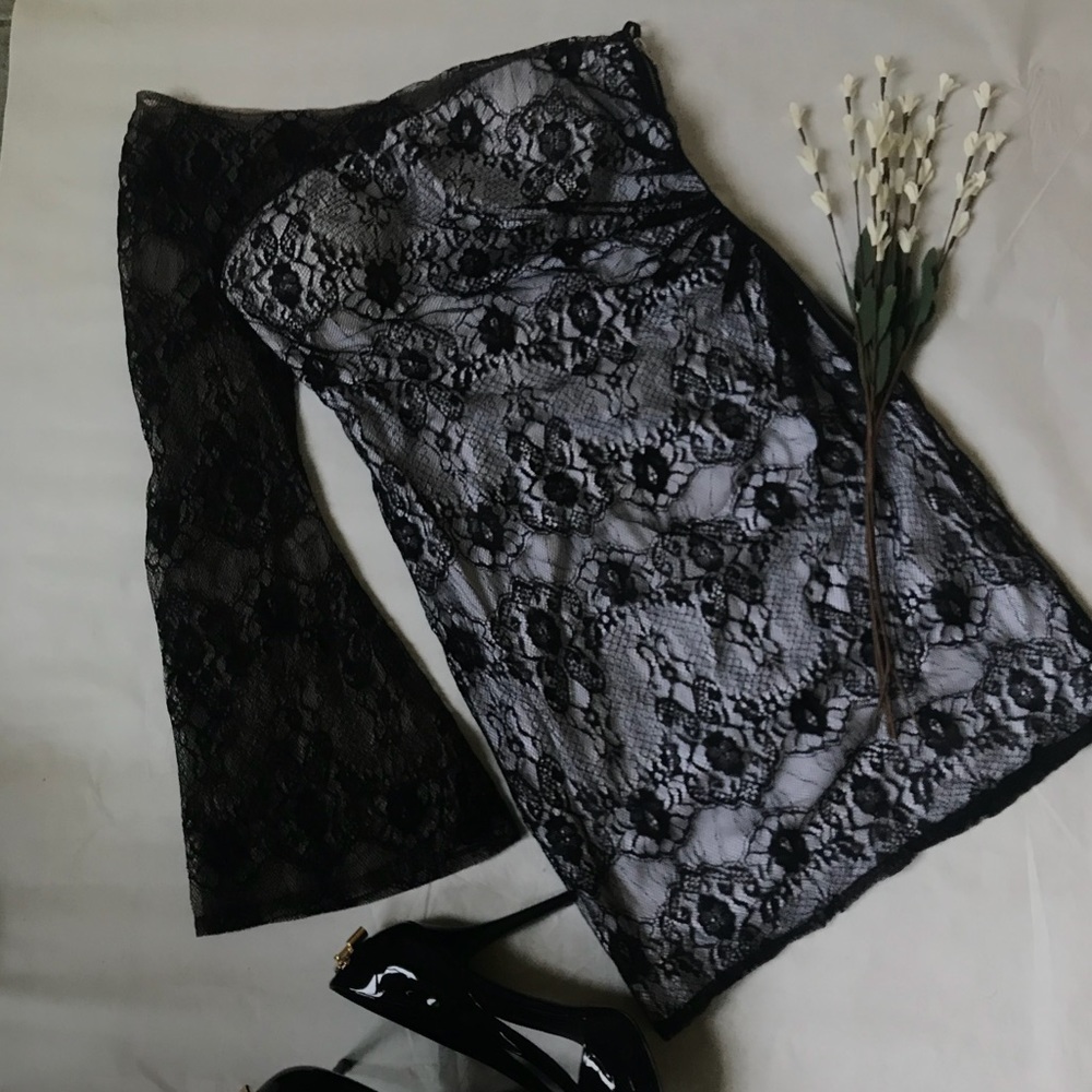 Black and white one shoulder lace dress